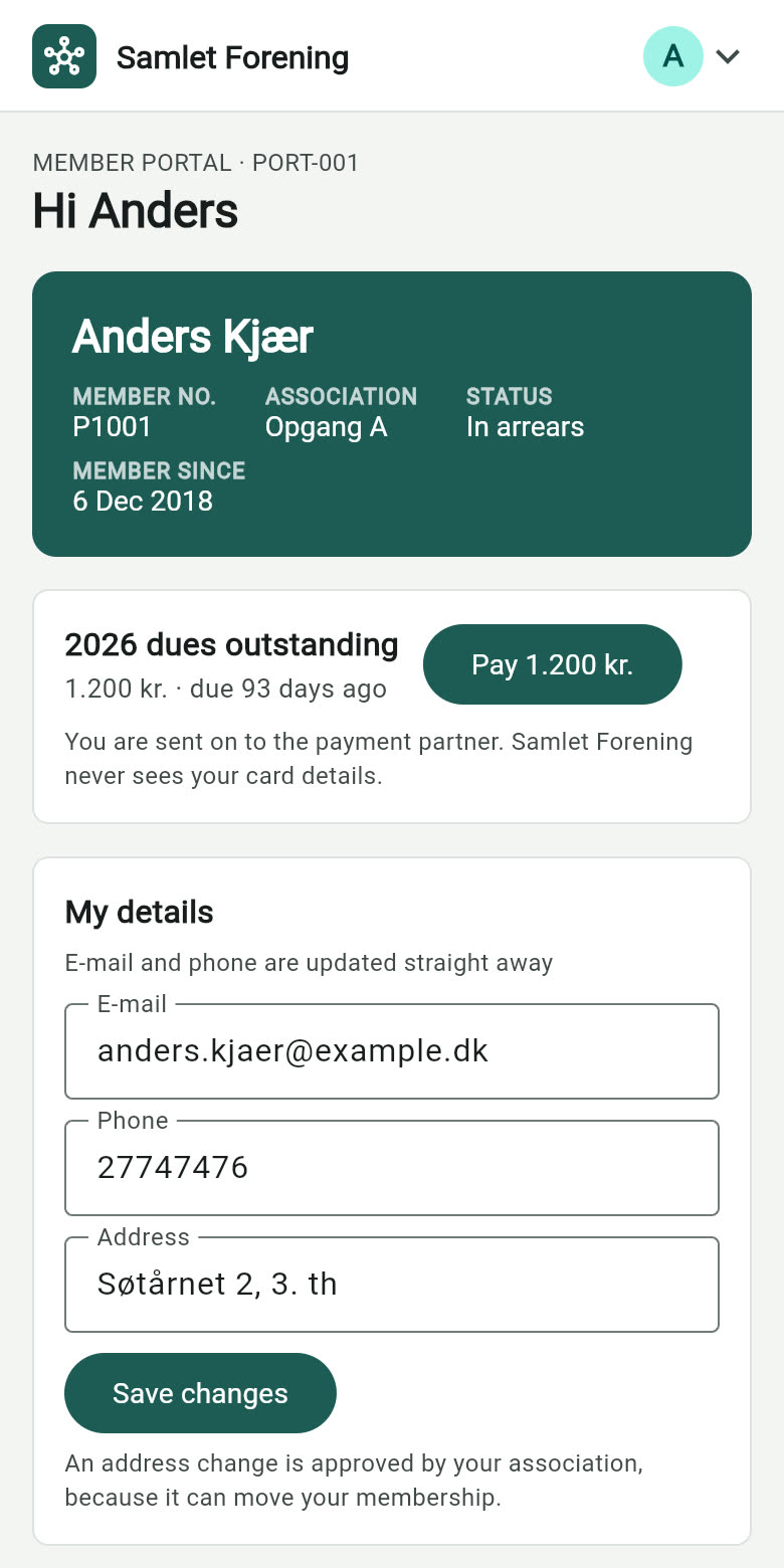 The homeowner’s page on a phone with membership card and dues payment